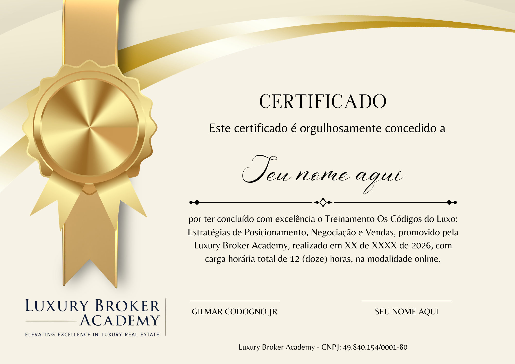 Certificado oficial — Os Códigos do Luxo Imobiliário, Luxury Broker Academy